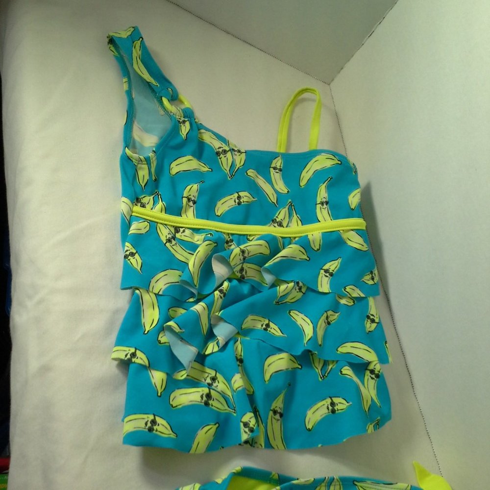 Justice girls 2-piece swimsuit Size 6 Blue Yellow bananas Sunglasses